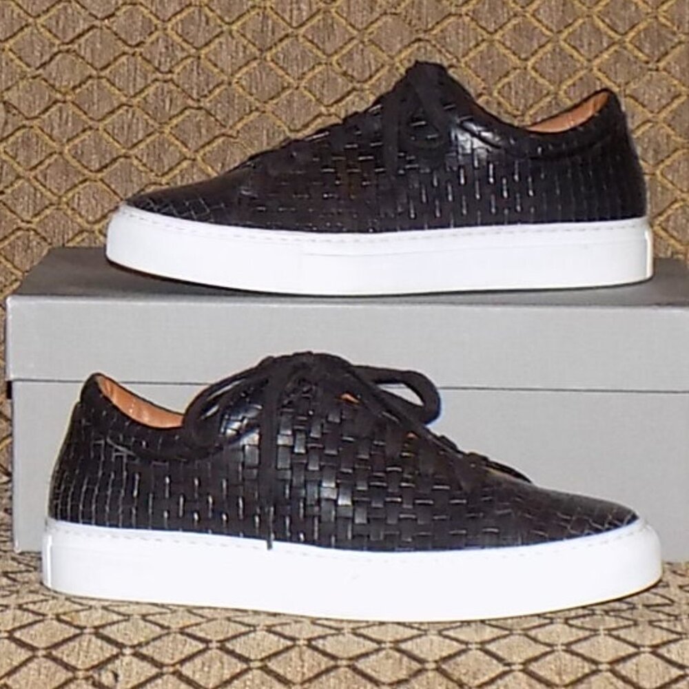 Aquatalia Black Woven Leather Low-Top Sneakers with White Sole